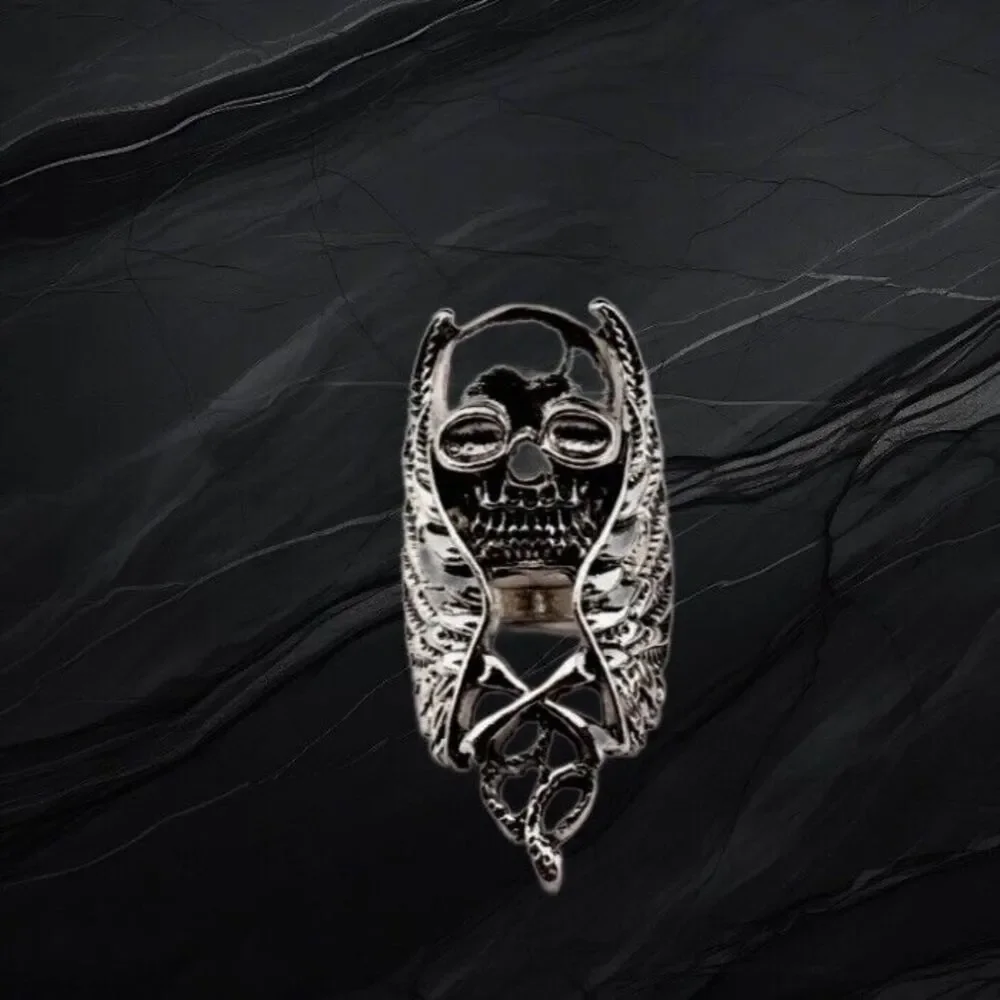 MENS Ring Antique Silver tone Skull Wings Snake Size 11 Rings